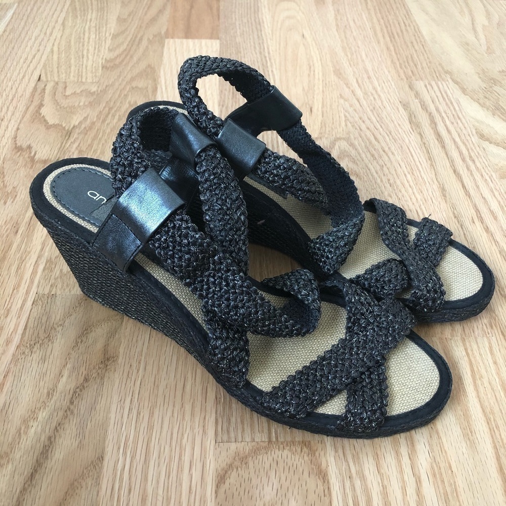 Andre Assous Metallic Gray Braided Espadrilles Sz 9.5 Women’s Wedge Heels Sandal